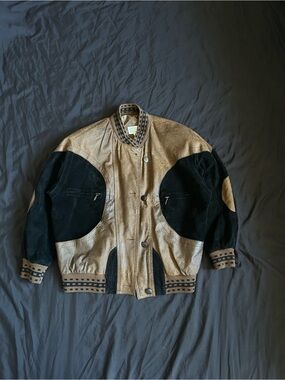 Two-Tone Metallic Brown and Black Bomber Jacket